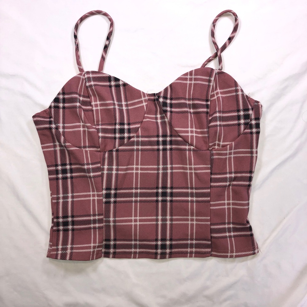 Timing Womens Pink Plaid Cropped Cami Corset Top Sweetheart Neck Size M